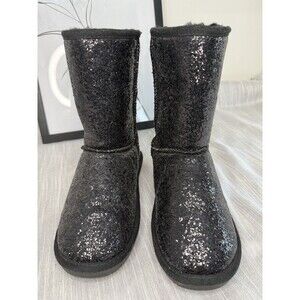 BearPaw Womens Cheri Shearling Pull On Winter Boots sz 8 Black Glitter